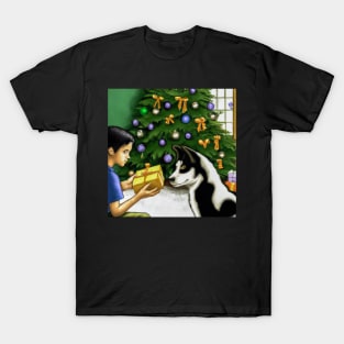 A Boy and His Dog Opening Christmas Present T-Shirt